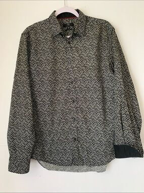 Oodji Men’s Black Cotton Button-Down Slim Fit Shirt White  Floral Print Size 17